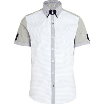 Blue stripe colour block double collar shirt 