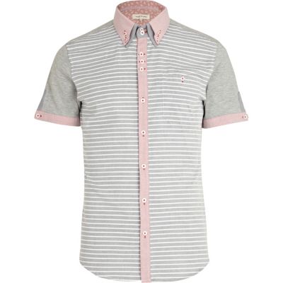 Grey stripe colour block double collar shirt 