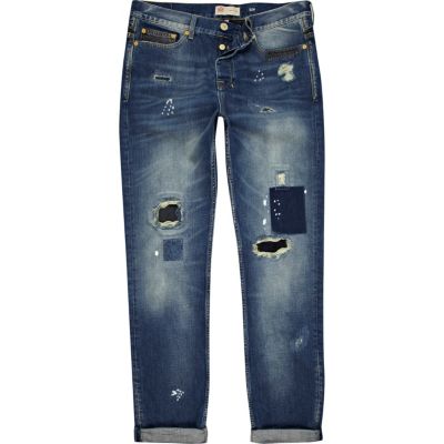 Mid wash patchwork Dylan slim jeans