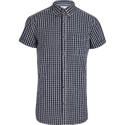 Navy acid wash check short sleeve shirt
