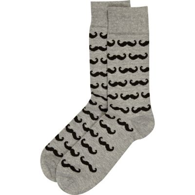 Grey moustache print socks