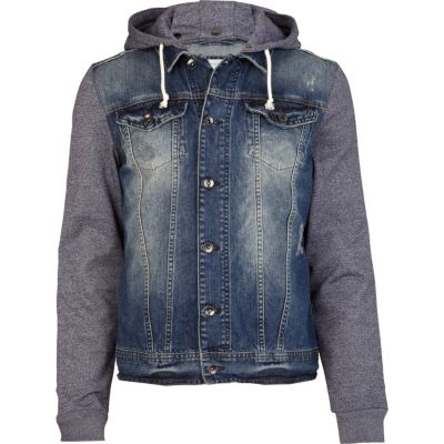 Mid wash jersey sleeve denim jacket