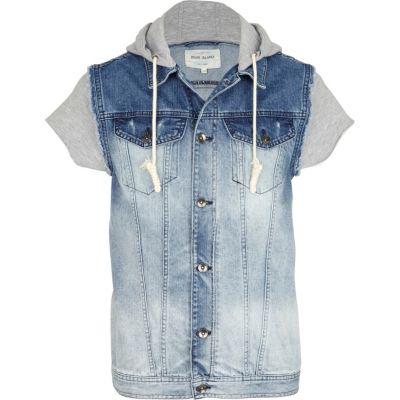 Mid wash jersey hood denim gilet 