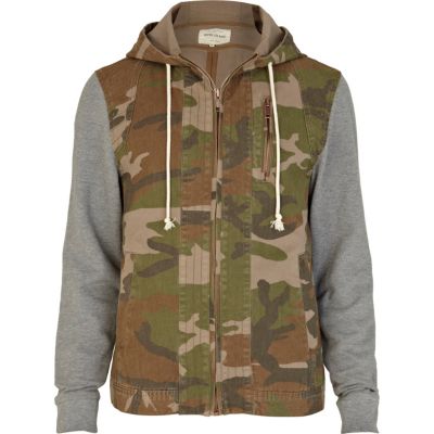 Green camo print jersey sleeve jacket