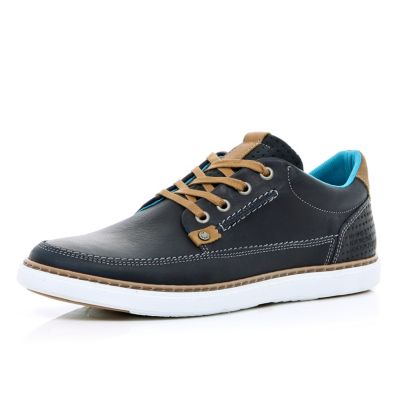 Navy leather lace up trainers