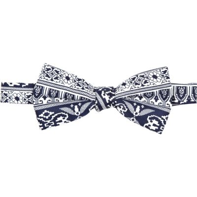 Blue and white aztec print bow tie
