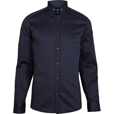 Navy pin collar long sleeve shirt
