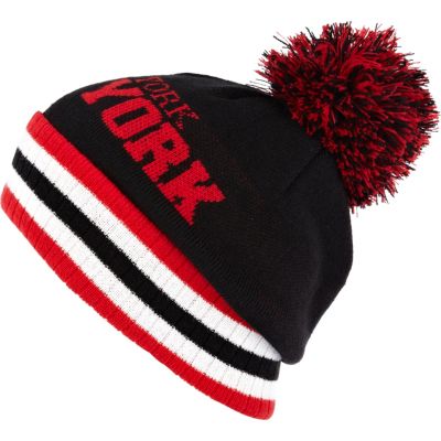 Black New York bobble beanie hat
