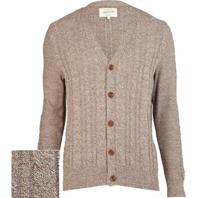Brown cable knit V neck cardigan