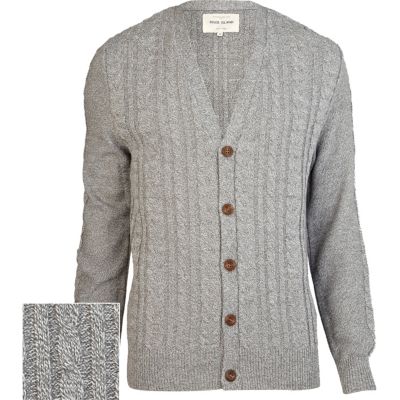 Grey cable knit V neck cardigan