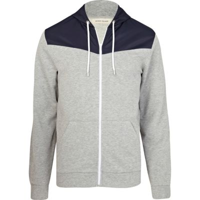 Grey marl contrast nylon yoke hoodie 