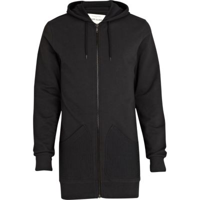 Black longline zip through hoodie