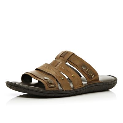 Brown studded strap slip on sandals