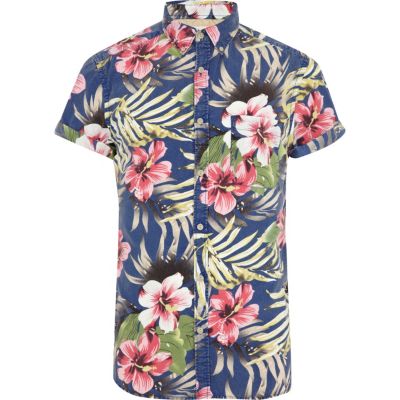 Blue Hawaiian print short sleeve shirt