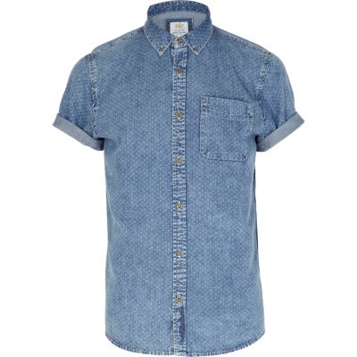 Mid wash polka dot denim shirt