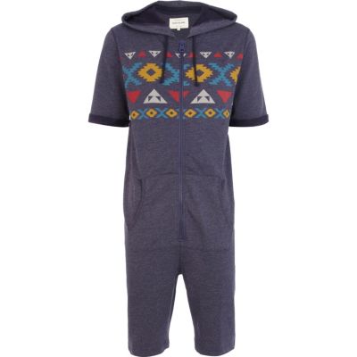 Blue aztec print panel short sleeve onesie