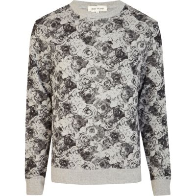 Grey floral print crew neck sweatshirt