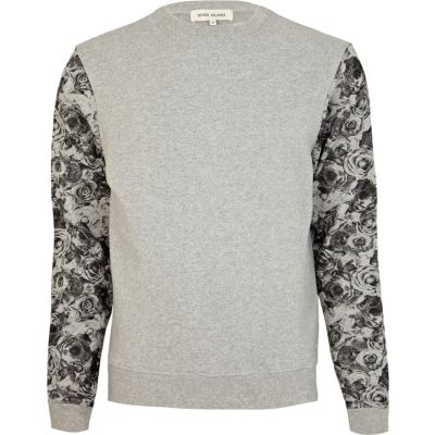 Grey contrast floral sleeve sweatshirt