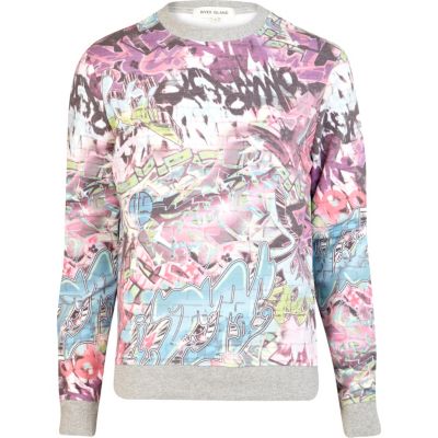 Pink graffiti print crew neck sweatshirt