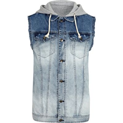 Mid wash dip dye jersey hood denim gilet