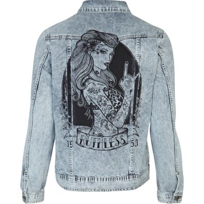 Light wash tattoo back print denim jacket