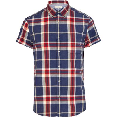 Blue and red short sleeve check shirt