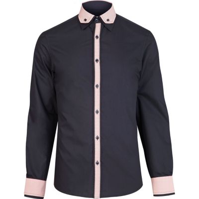Navy contrast double collar shirt