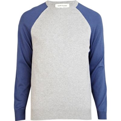 Grey colour block raglan sleeve jumper