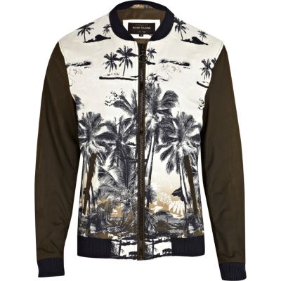 Green palm print colour block bomber jacket