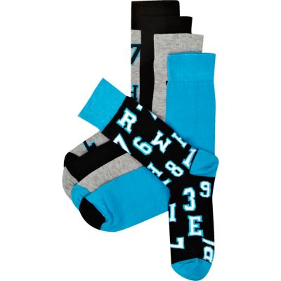 Blue letter print ankle socks pack