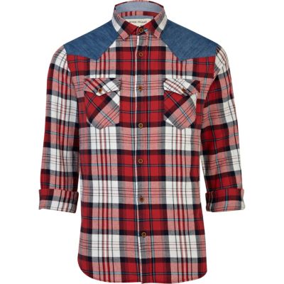 Red check denim shoulder patch shirt 