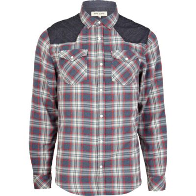 Navy check denim shoulder patch shirt