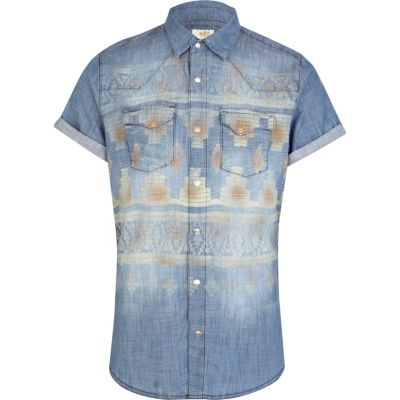 Mid wash aztec print short sleeve denim shirt