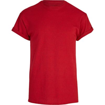 Red crew neck roll sleeve t-shirt