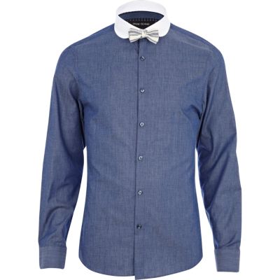 Navy chambray penny collar bow tie shirt