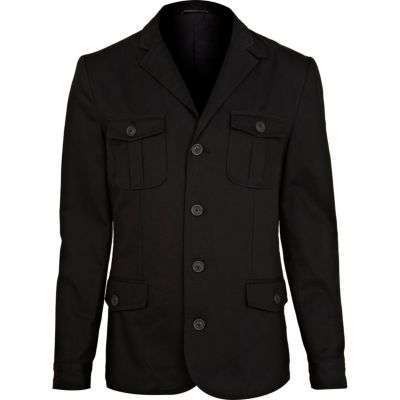 Black utility pocket military blazer 