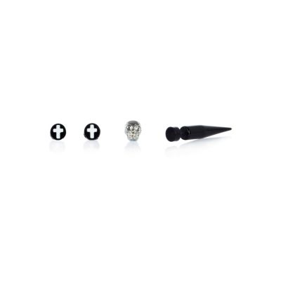 Black spike skull and cross earring pack