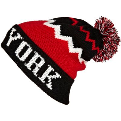 Red colour block New York beanie hat
