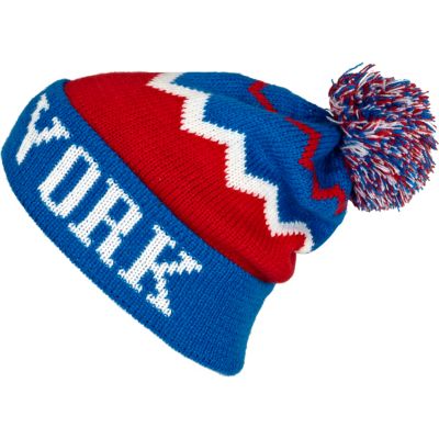 Blue colour block New York beanie hat