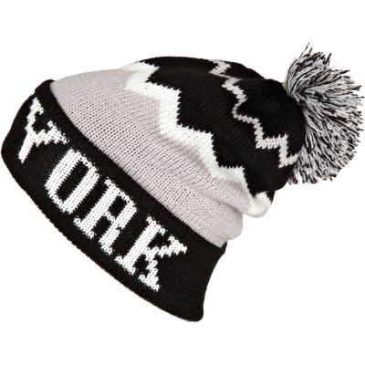 Grey colour block New York beanie hat