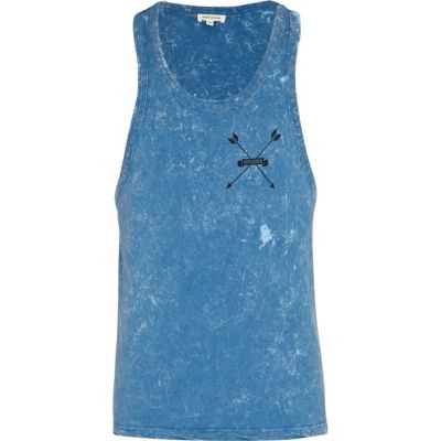 Blue acid wash back print vest 