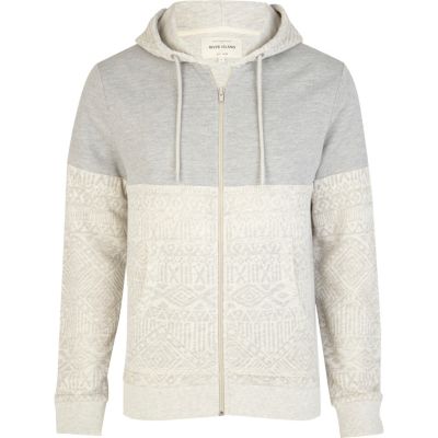 Grey burnout aztec panel colour block hoodie