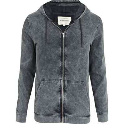 Grey acid wash zip through hoodie