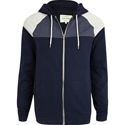Navy contrast colour block yoke hoodie