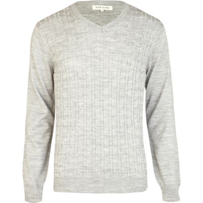 Grey lightweight cable knit V neck jumper