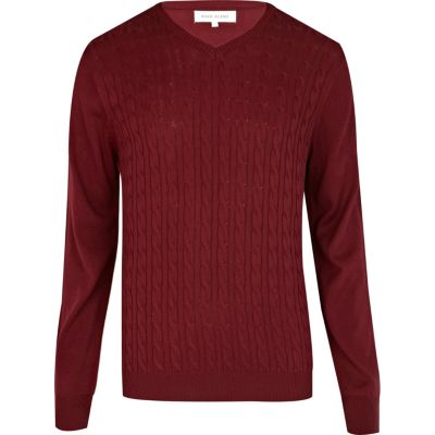 Dark red lightweight cable knit V neck jumper