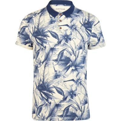 Blue floral print polo shirt
