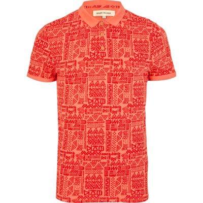 Orange doodle tribal print polo shirt
