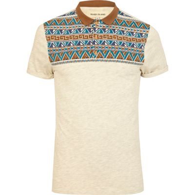 Ecru aztec print yoke polo shirt