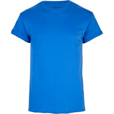 Bright blue crew neck roll sleeve t-shirt